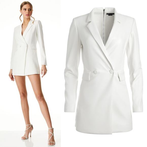 ALICE + OLIVIA Kyrie Vegan Leather Tuxedo Skort Romper Mini Dress White Sz 8 NEW - Picture 1 of 14